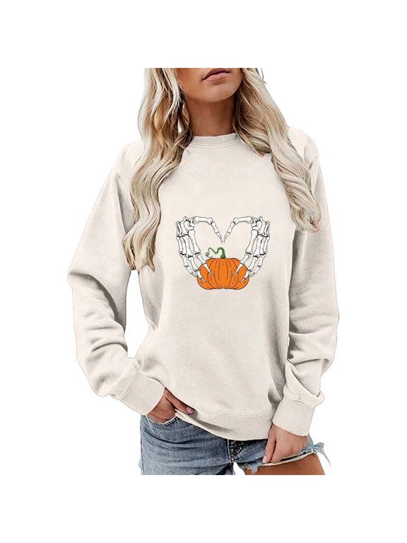 Halloween Sweatshirt for Women Dressy Casual Heart Hand Bones Pumpkin Printed Long Sleeve Sweaters for Women Tops Womens Fall Fashion Clothing Trendy 2026 Outfits Beige, S