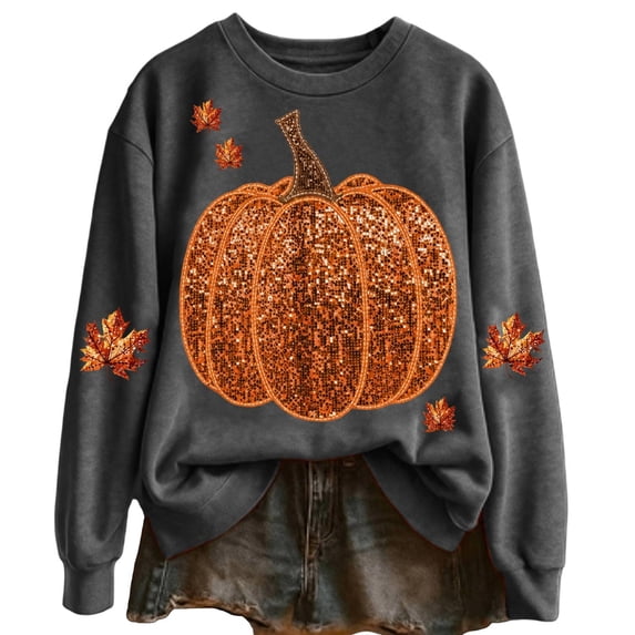 WEIWEN Halloween Sweatshirt for Women Fashion Maple Leaf Pumpkin Print Fall Outfits for Women Long Sleeve Going Out Tops Dressy Casual Thanksgiving Sweaters Women's Clothing L