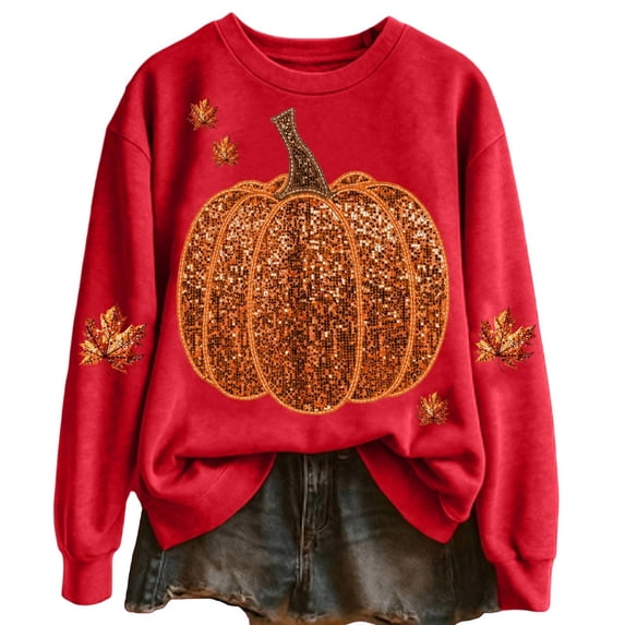 WEIWEN Halloween Sweatshirt for Women Fashion Maple Leaf Pumpkin Print Fall Outfits for Women Long Sleeve Going Out Tops Dressy Casual Thanksgiving Sweaters Women's Clothing S