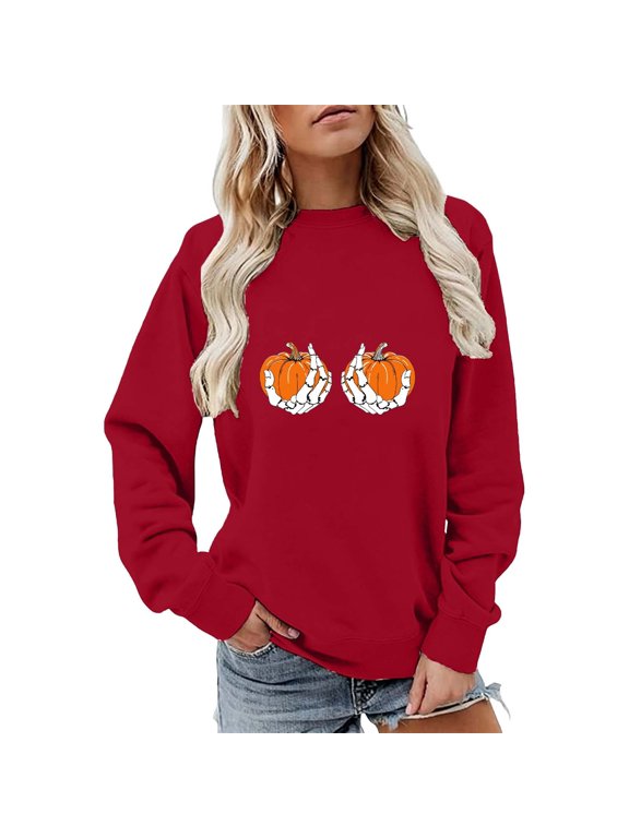 Halloween Sweatshirt for Women Funny Holding Pumpkin in Hand Bones Printed Long Sleeve Shirts for Women Sweaters Tops Womens Fall Fashion Clothing Red, M