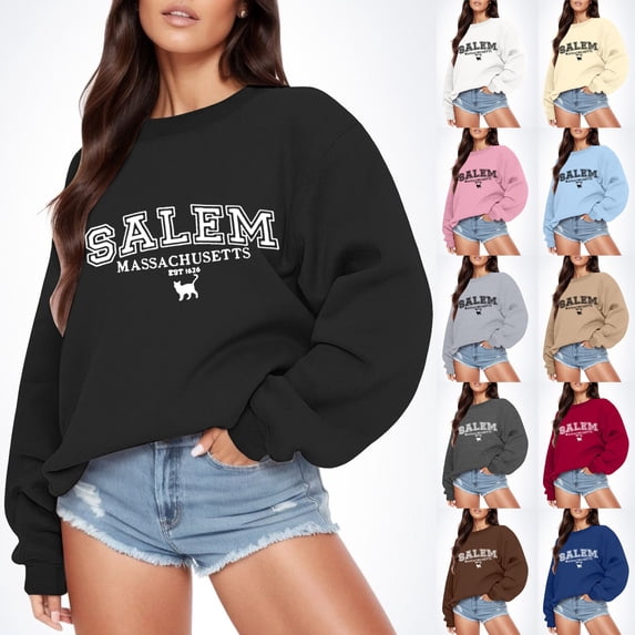 WEIWEN Halloween Sweatshirt for Women Funny Pumpkin Long Sleeve Fall Shirts Salem Massachusetts EST 1626 Outfits Women's Fall Fashion Clothing Light Blue, XL