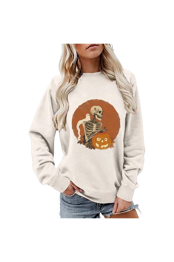 Halloween Sweatshirt for Women Oversized Fashion Clothing Funny Skeleton Pumpkin Printed Long Sleeve Crewneck Fall Sweaters for Women Going Out Tops Beige, XXXL