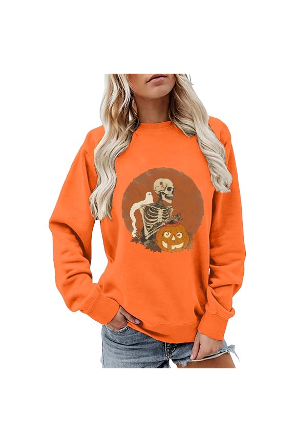 Halloween Sweatshirt for Women Oversized Fashion Clothing Funny Skeleton Pumpkin Printed Long Sleeve Crewneck Fall Sweaters for Women Going Out Tops Orange, S