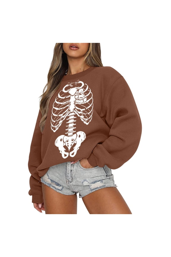 Halloween Sweatshirt Women Plus Size Trendy Casual Skeleton Graphic Pullover Sweater Women Fall Outfits Long Sleeve Tops Womens Fashion Clothing Brown, L