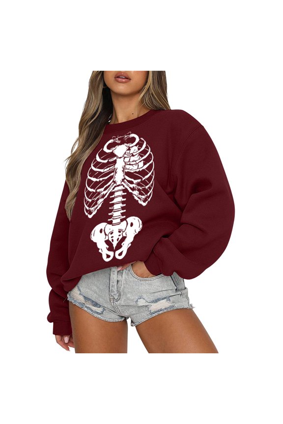 Halloween Sweatshirt Women Plus Size Trendy Casual Skeleton Graphic Pullover Sweater Women Fall Outfits Long Sleeve Tops Womens Fashion Clothing Brick Red, XXL