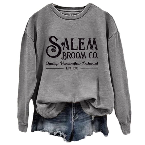 WEIWEN Halloween Sweatshirt for Women Salem Broom Co Graphic Long Sleeve Halloween Shirts for Women Plus Size Tops Womens Fall Fashion Clothing Light Gray, M