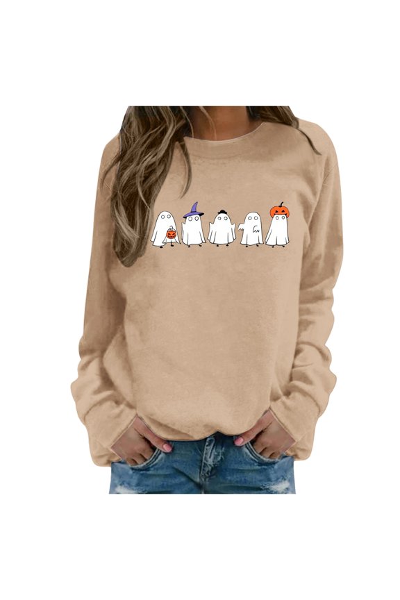 Halloween Sweatshirt for Women Trendy 2026 Skeleton Printed Long Sleeve Fall Sweaters for Women Fall Outfits Oversized Tops Womens Clothes Khaki, M