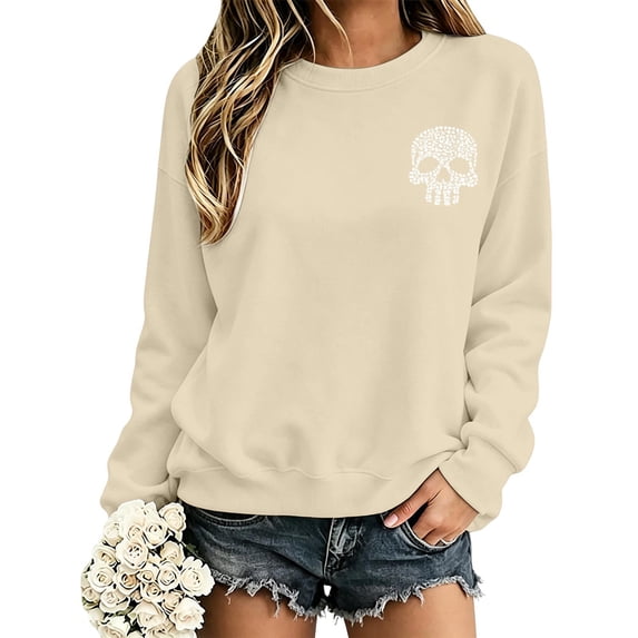 WEIWEN Halloween Sweatshirts for Women Dressy Casual Skull Printed Crewneck Long Sleeve Fall Outfits 2026 Trendy Halloween Sweaters for Women Fashion Clothing Womens Tops Beige, M