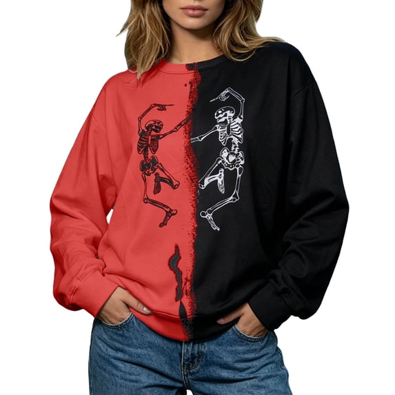 WEIWEN Halloween Sweatshirts for Women Funny Dancing Skeleton Printed Long Sleeve Fall Sweaters Halloween Clothes for Women Spooky Season Outfits Going Out Tops Women's Clothing Red, S