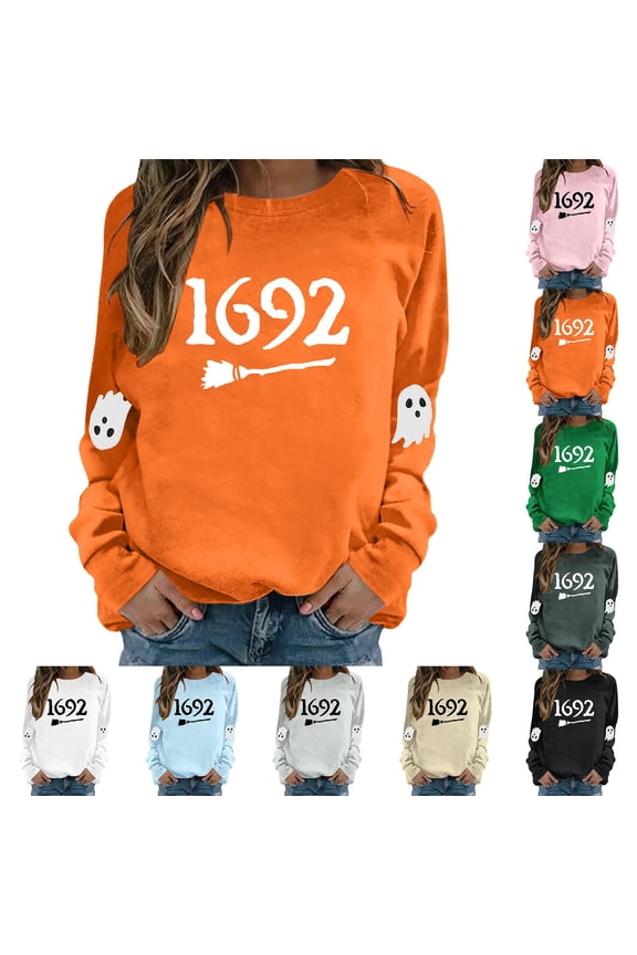 Halloween Sweatshirts for Women Trendy 1692 Salem Witch Printed Long Sleeve Shirts for Women Fashion Clothing Womens Sweaters Fall Outfits Light Gray, S