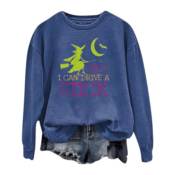 WEIWEN Halloween Sweatshirts for Women Yes I Can Drive A Stick Witch Sweaters Fall Outfits for Women Witch Shirts Plus Size Tops Women's Clothing Blue, XL
