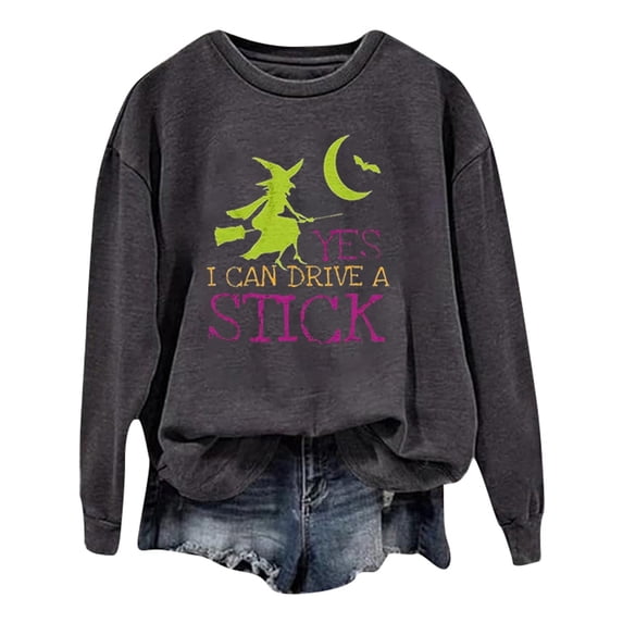 WEIWEN Halloween Sweatshirts for Women Yes I Can Drive A Stick Witch Sweaters Fall Outfits for Women Witch Shirts Plus Size Tops Women's Clothing Dark Gray, M