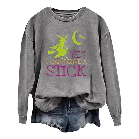 WEIWEN Halloween Sweatshirts for Women Yes I Can Drive A Stick Witch Sweaters Fall Outfits for Women Witch Shirts Plus Size Tops Women's Clothing Grey, S