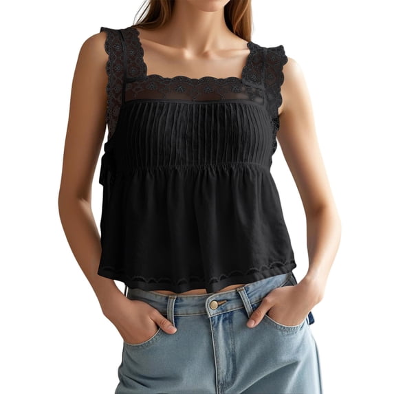 WEIWEN Lace Tank Tops for Women Lace Trim Side Tie Tank Top Sleeveless Flowy Ruffle Cami Shirts Summer Going Out Crop Tops Black, S