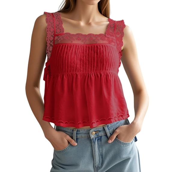 WEIWEN Lace Tank Tops for Women Lace Side Tie Tank Top Sleeveless Flowy Ruffle Cami Shirts Summer Going Out Crop Tops Red, L