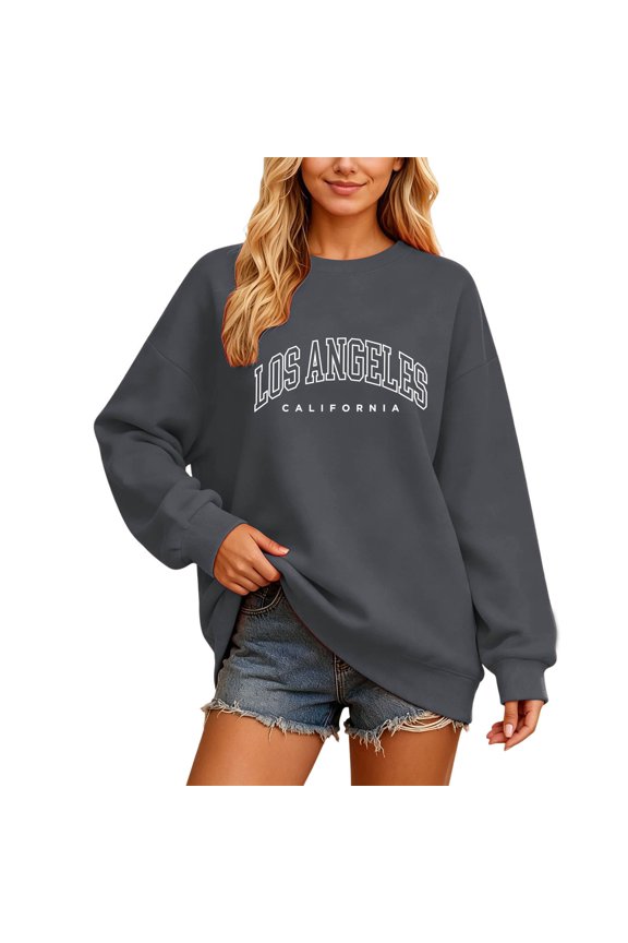 Los Angeles California Sweatshirt for Women Dressy Casual Long Sleeve Shirts for Women Oversized Tops Loose Fit Fall Workout Sweaters Women's Fashion Clothing Dark Gray, S