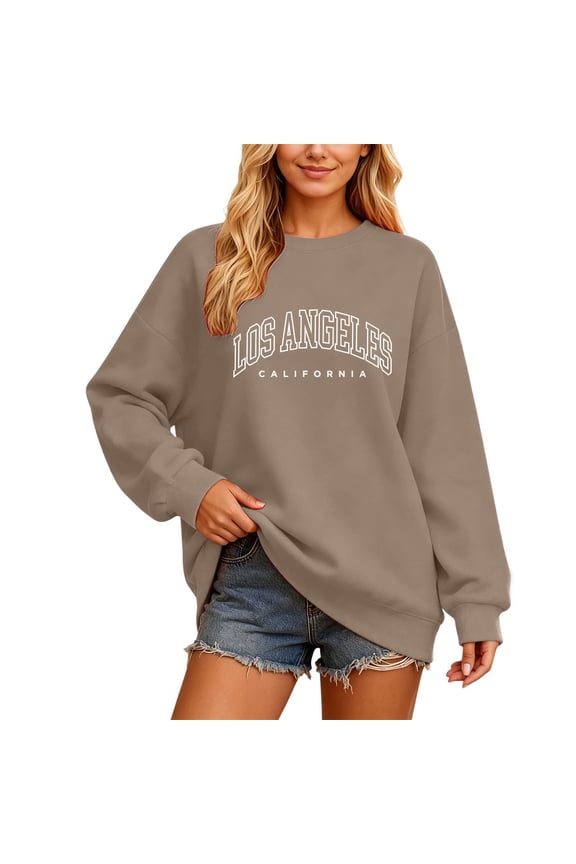 Los Angeles California Sweatshirt for Women Dressy Casual Long Sleeve Shirts for Women Oversized Tops Loose Fit Fall Workout Sweaters Women's Fashion Clothing Coffee, S
