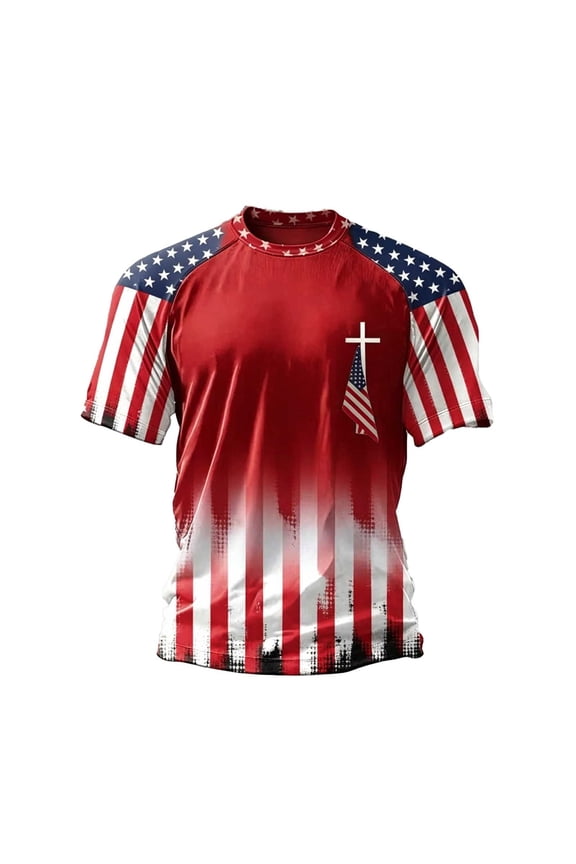 Men's 4th of July T-Shirts Cross USA Flag 4th July American Star Stripes Patriotic T Shirts for Man Red White and Blue Tshirts Muscle Tops Red, XL