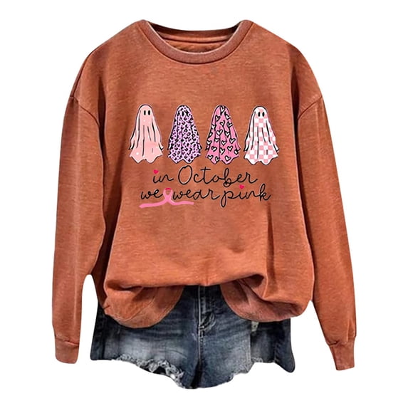 WEIWEN In October We Wear Pink Sweatshirt for Women Cancer Awareness Clothes Halloween Sweaters for Women Pullover Tops Womens Fall Outfits Women's Clothing M