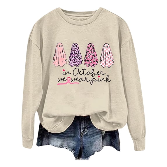 WEIWEN In October We Wear Pink Sweatshirt for Women Cancer Awareness Clothes Halloween Sweaters for Women Pullover Tops Womens Fall Outfits Women's Clothing L