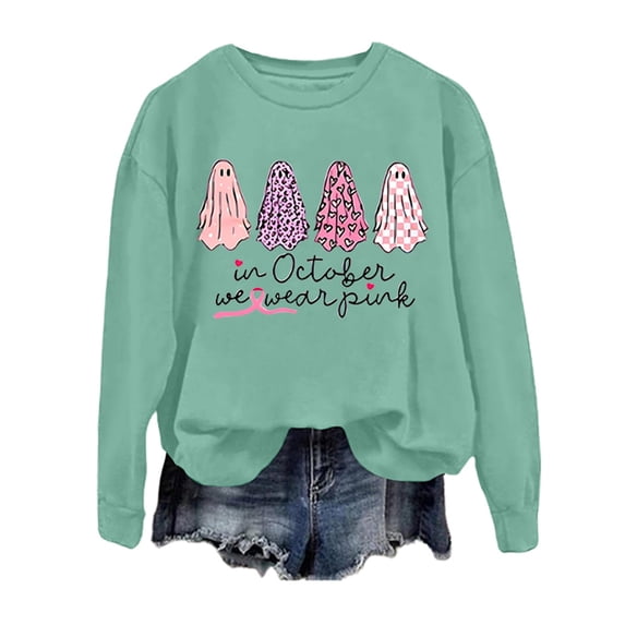 WEIWEN In October We Wear Pink Sweatshirt for Women Cancer Awareness Clothes Halloween Sweaters for Women Pullover Tops Womens Fall Outfits Women's Clothing XL