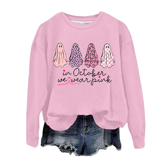 WEIWEN In October We Wear Pink Sweatshirt for Women Cancer Awareness Clothes Halloween Sweaters for Women Pullover Tops Womens Fall Outfits Women's Clothing M