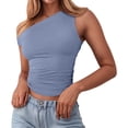thumbnail image 1 of WEIWEN One Shoulder Tank Tops for Women Summer Ruched Sleeveless Camisole Tops for Women Going Out Crop Top Fitted Workout Shirts Blue, L, 1 of 4
