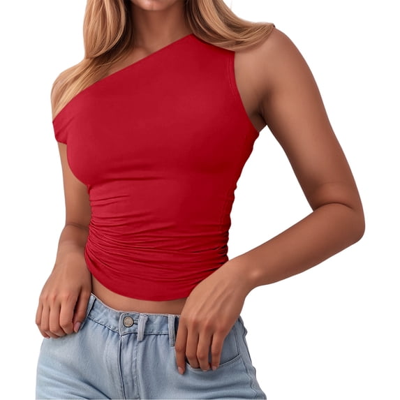WEIWEN One Shoulder Tank Tops for Women Summer Ruched Sleeveless Camisole Tops for Women Going Out Crop Top Fitted Workout Shirts Red, L