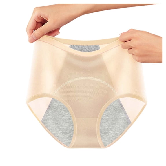 WEIWEN Period Underwear for Women Breathable Cotton Crotch Cheeky Leakproof Briefs High Waisted Full Coverage Menstrual Panties for Heavy Flow Leak Proof Beige, M