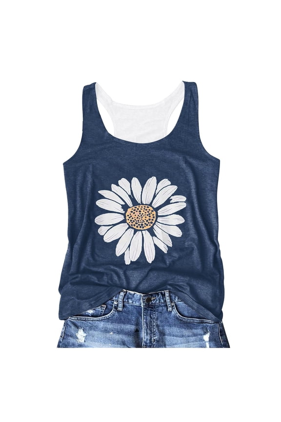 Racerback Tank Tops for Women Athletic Workout Cami Shirts Flower Graphic Tees Loose Fit Summer Beach Vacation Tanks Navy, M