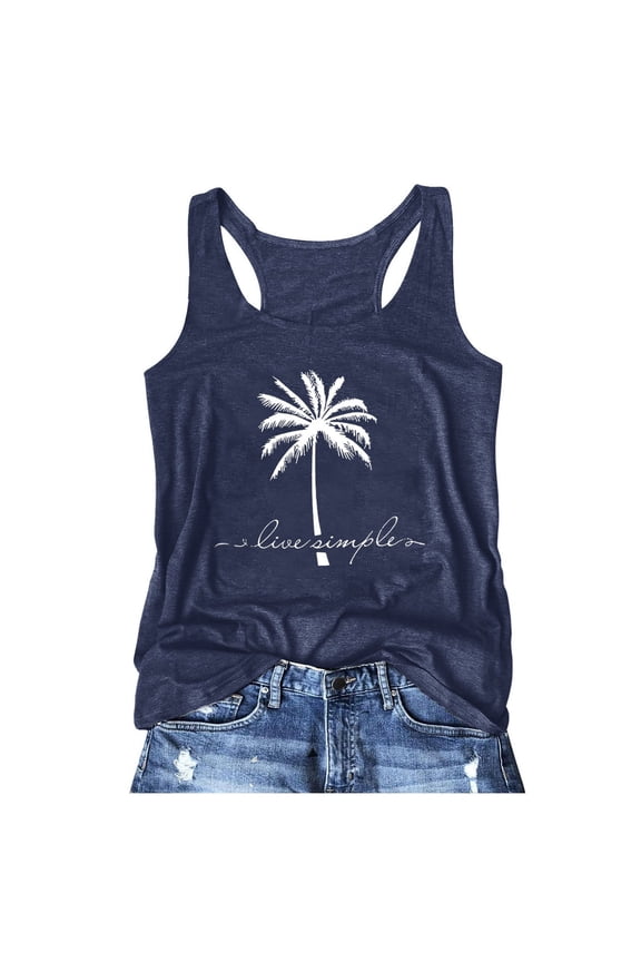 Racerback Tank Tops for Women Dressy Casual Boho Palm Tree Graphic Tees Shirts Women's Tank Tops Sleeveless Vest Top Summer Outfits Navy, M