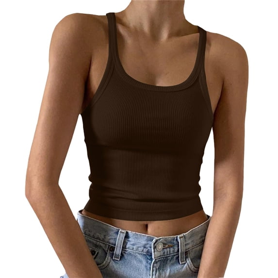 WEIWEN Ribbed Tank Tops for Women Camisole Tops for Women Slim Fit Casual Sleeveless Tanks Undershirts Women's Summer Shirts Brown, S