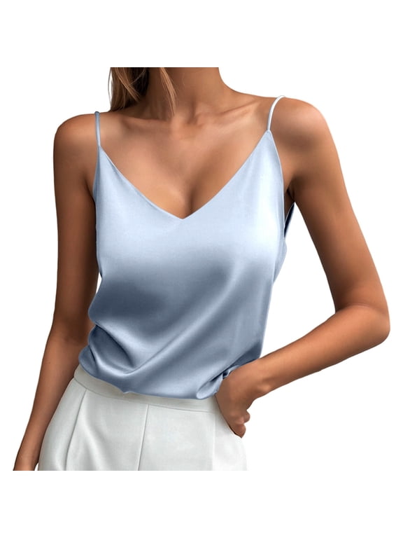 Satin Tank Tops for Women Loose Fit Sleeveless V Neck Spaghetti Strap Cami Shirts Silk Camisole Tops for Women Fashion Clothing Womens Tank Tops Light Blue, S