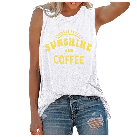WEIWEN Sleeveless Tops for Women Summer Casual Sunshine and Coffee Printed Athletic Workout Shirts Loose Fit Womens Tank Tops White, L