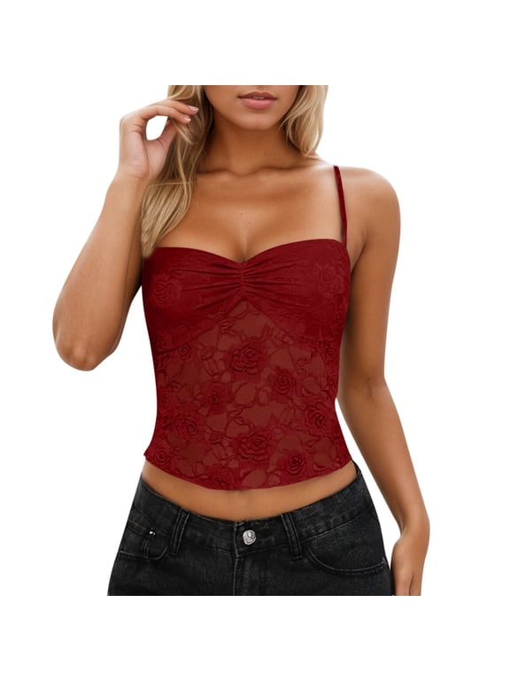 Spaghetti Strap Tank Top for Women Lace Floral Cami Shirts Slim Fit Going Out Crop Tank Tops Ruched Mesh Camisole Summer Red, L