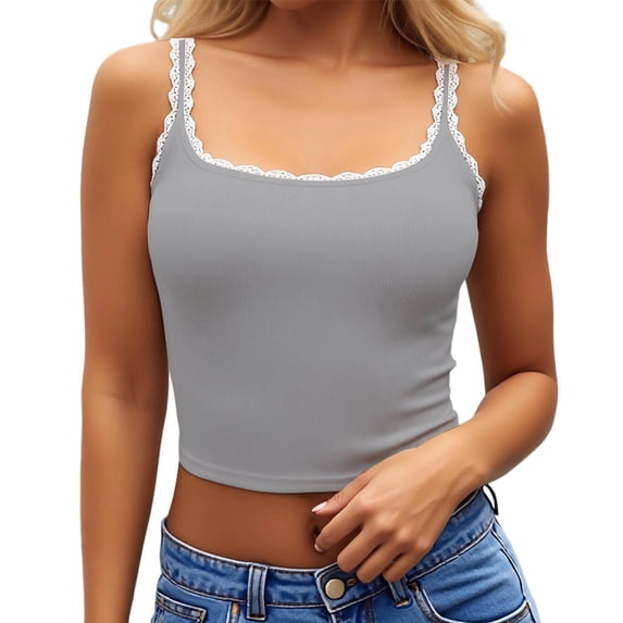 WEIWEN Spaghetti Strap Tank Top for Women Lace Sleeveless Ribbed Tank Tops Slim Fit Summer Going Out Crop Tops Vest Shirts Grey, M