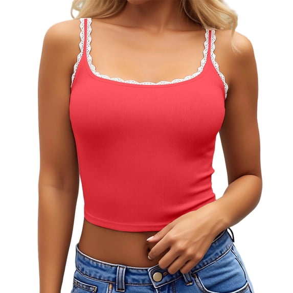 WEIWEN Spaghetti Strap Tank Top for Women Lace Sleeveless Ribbed Tank Tops Slim Fit Summer Going Out Crop Tops Vest Shirts Red, S
