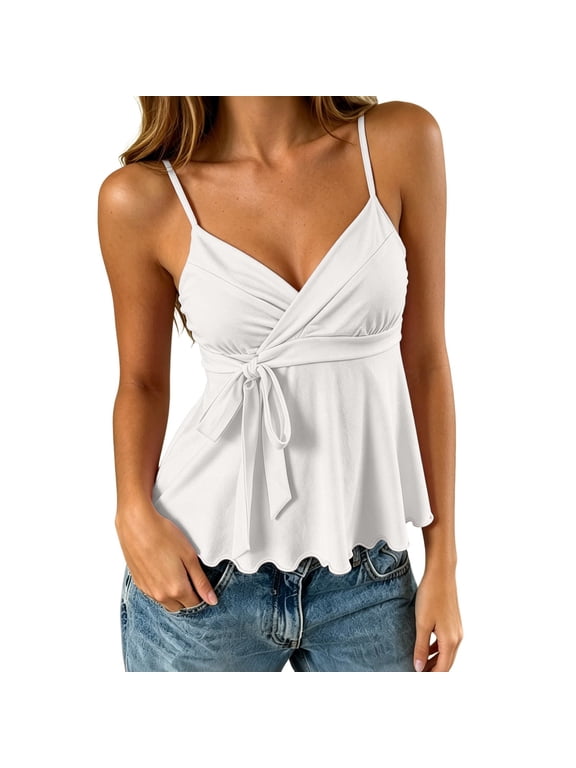 Spaghetti Strap Tank Tops for Women Flowy Hem Ruffle Bow Tie Wrap Cami Shirts Sleeveless Deep V Neck Camisole Women's Tops White, S