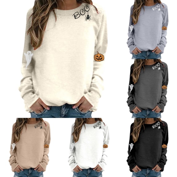 WEIWEN Spooky Season Sweatshirts for Women 2026 Boo Ghost Pumpkin Halloween Clothes for Women Tops Casual Crewneck Sweaters Women's Fashion Clothing White, M