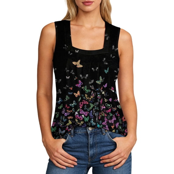 WEIWEN Summer Tank Tops for Women Pleated Floral Printed Square Neck Sleeveless Shirts Casual Loose Fit Trendy Camisole Vest Purple, XXL