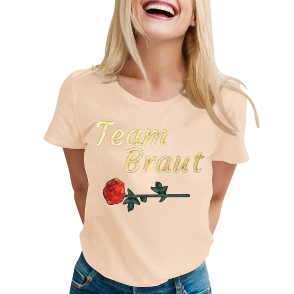 WEIWEN Team Bride T Shirts for Women Flower Wreath Flowers Engagement Gift Womens Summer Tops Going Out Clothing Beige, M