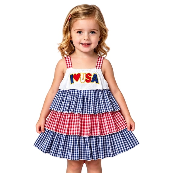 WEIWEN Toddler Baby Girl Dress 4th of July Sleeveless Tiered Ruffle Floral Dresses Red White and Blue Plaid Sundress Kids Cute Summer Clothes Blue, 18-24 Months