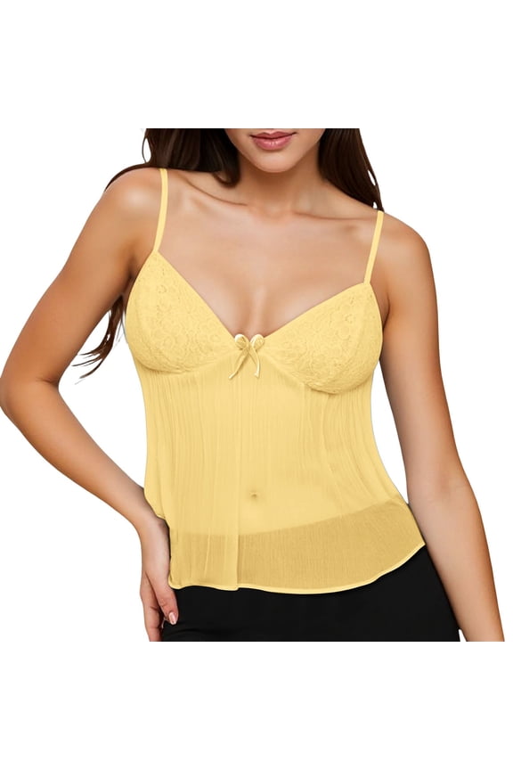 V Neck Camisole Tops for Women with Sheer Mesh and Bow Spaghetti Strap Tank Top Casual Backless Vacation Home Cami Shirts Yellow, M