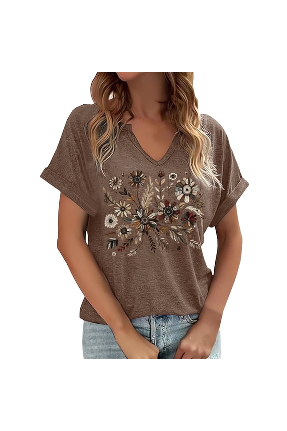 V Neck T Shirts for Women Boho Floral Wildflowers Graphic Tees Womens Summer Tops Dressy Casual Cottagecore Going Out Tshirts Women's Clothing Coffee, XXL