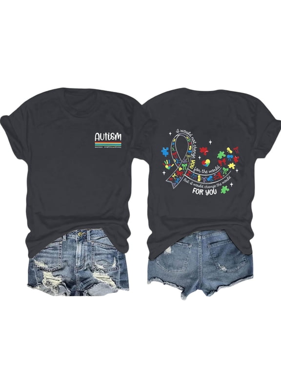 Women's Short Sleeve Autism Awareness Tops Casual Letter Print Trendy Crewneck Summer T Shirts for Women Graphic Tees Tshirts (Black, XL)