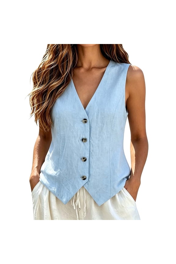 Womens Button Down Sleeveless Blazer Vest Dressy Summer Fully Lined Suit Tops V Neck Business Casual Jacket Waistcoat Versatile Vests Blue, L