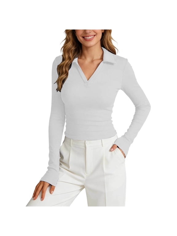 Womens Polo Shirts Long Sleeve Business Casual Tops for Women Collared V Neck Ribbed Knit Fashion Clothing Slim Fit Blouses (White, Size S)