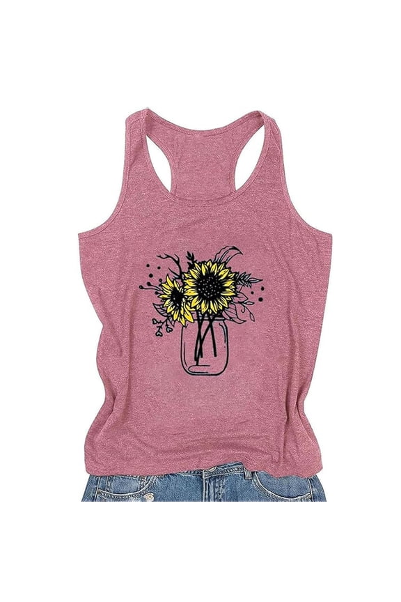 Womens Racerback Workout Tank Tops Summer Sleeveless Sunflower Print Running Gym Tank Top Woman Beach Basic Tees Tanks (#01-Pink, M)