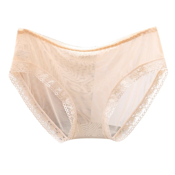 WEIWEN Womens Sheer Lace Panties See Through Mesh Crotch Seamless Briefs for Women Underwear Soft Breathable Low Rise Transparent Mesh Hipsters Underpants Beige, M