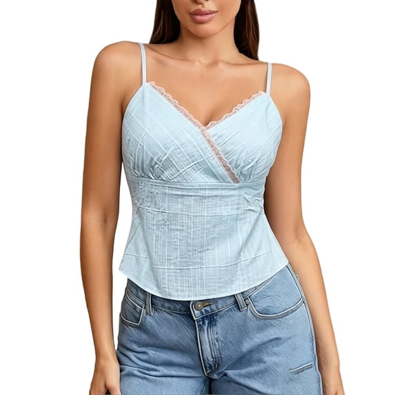WEIWEN Womens Spaghetti Strap Tank Top Lace Wrap Deep V Neck Cropped Tops for Women Coquette Camisole Going Out Cami Shirts tx01-Blue, L
